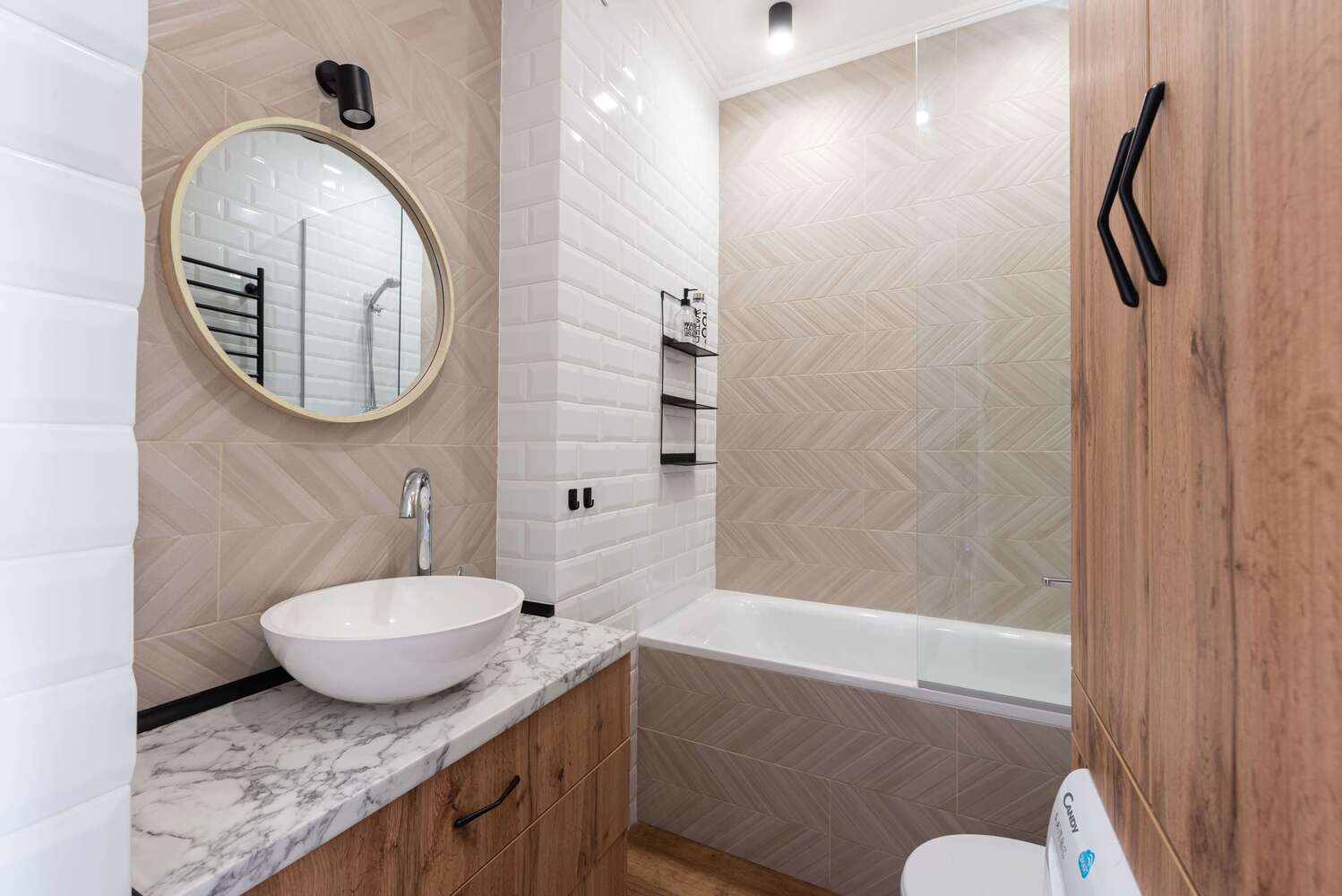 white and earth tones luxury bathroom with bathroom vanity countertop